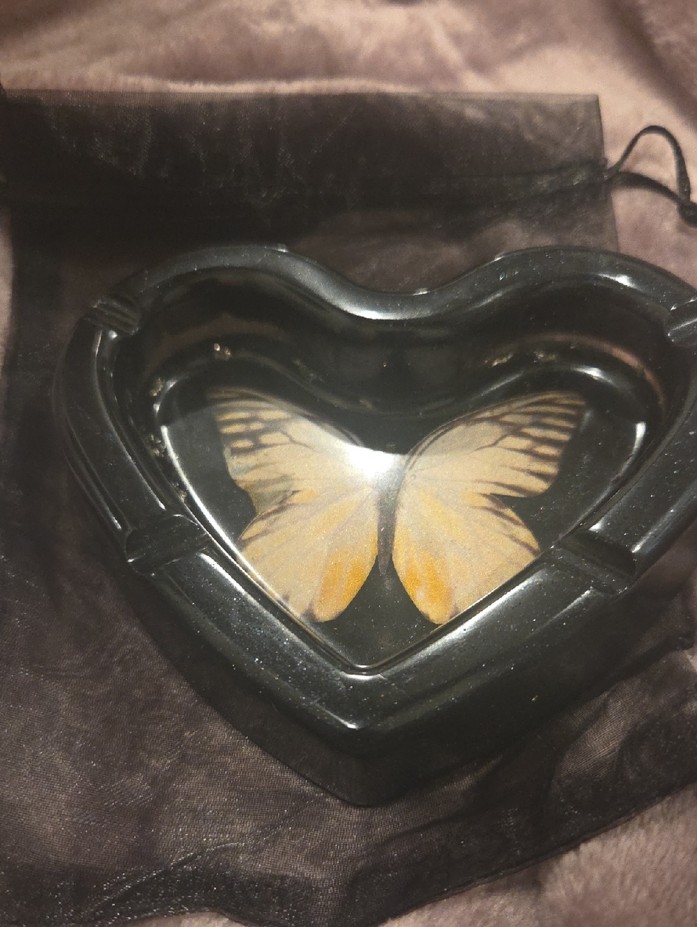 Heart-Shaped Black Mixed Media Art with Yellow Butterfly